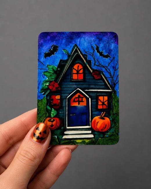 Original ACEO Haunted House Mini Painting – Cute Creepy Art Card 2.5x3.5 OOAK
