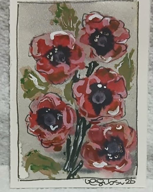 Oriental Poppies — Loose Watercolor Scribble Floral ACEO on Silver Background
