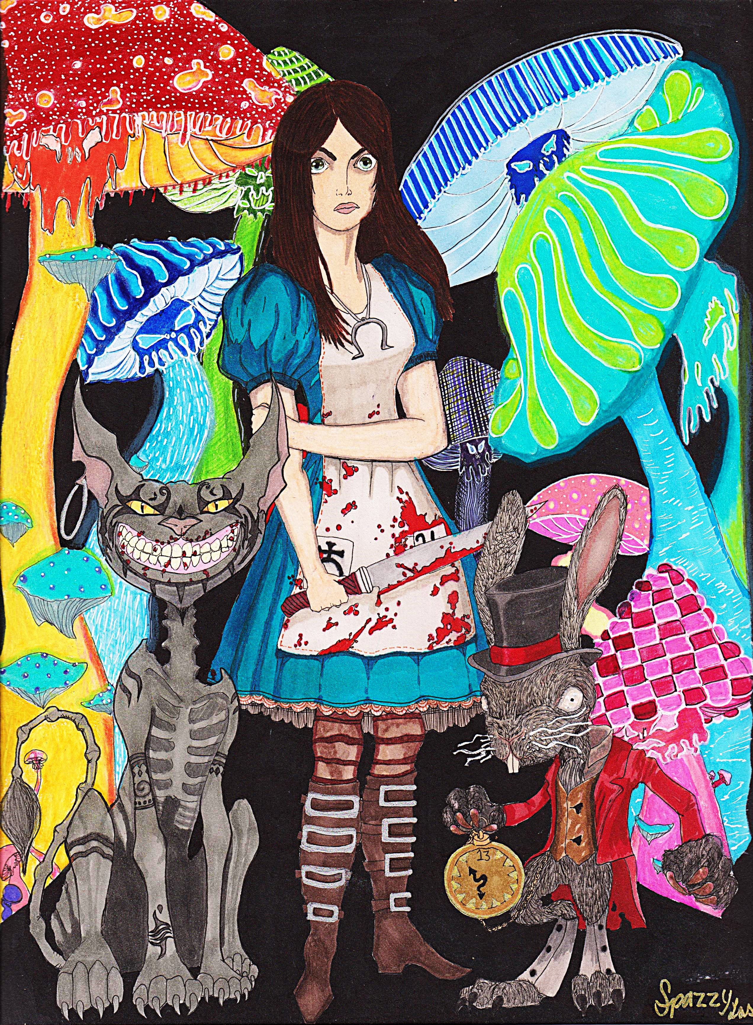 American McGee's Alice Video Game Fan Art ft. Alice Liddell, Cheshire Cat, and White Rabbit by SpazzyLass_Official